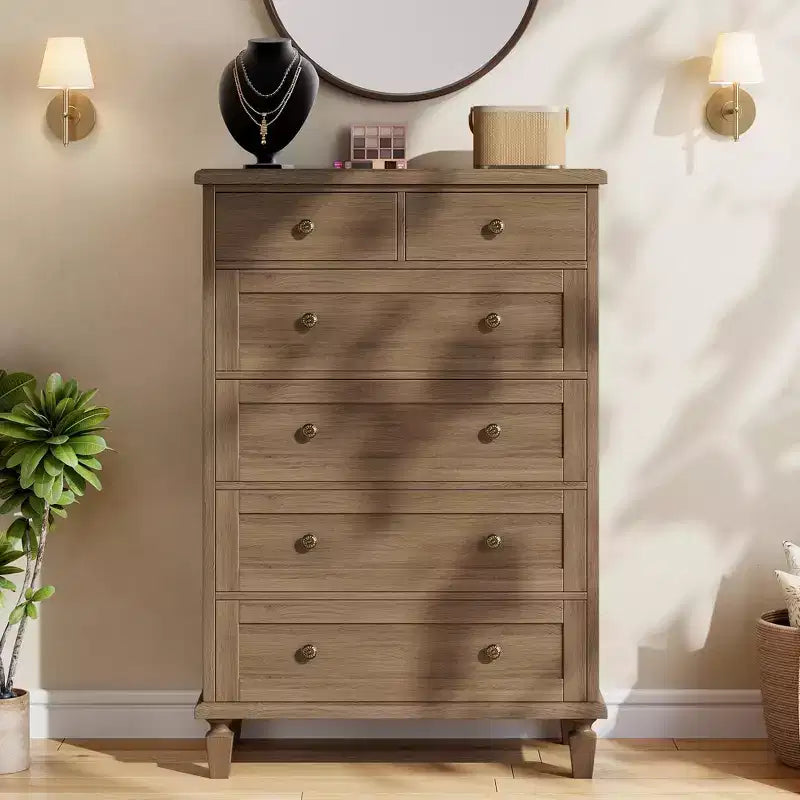Vintage 6 Drawer Dresser with Tapered Legs, Wood Tall Chest of Drawers for Bedroom, Living Room, Entryway, Distressed Wood Finish