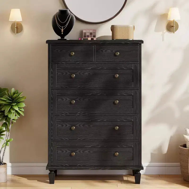 Vintage 6 Drawer Dresser with Tapered Legs, Wood Tall Chest of Drawers for Bedroom, Living Room, Entryway, Distressed Wood Finish
