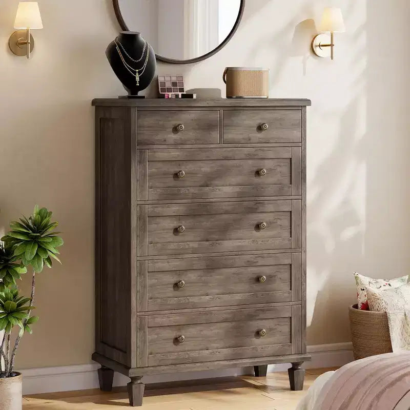 Vintage 6 Drawer Dresser with Tapered Legs, Wood Tall Chest of Drawers for Bedroom, Living Room, Entryway, Distressed Wood Finish