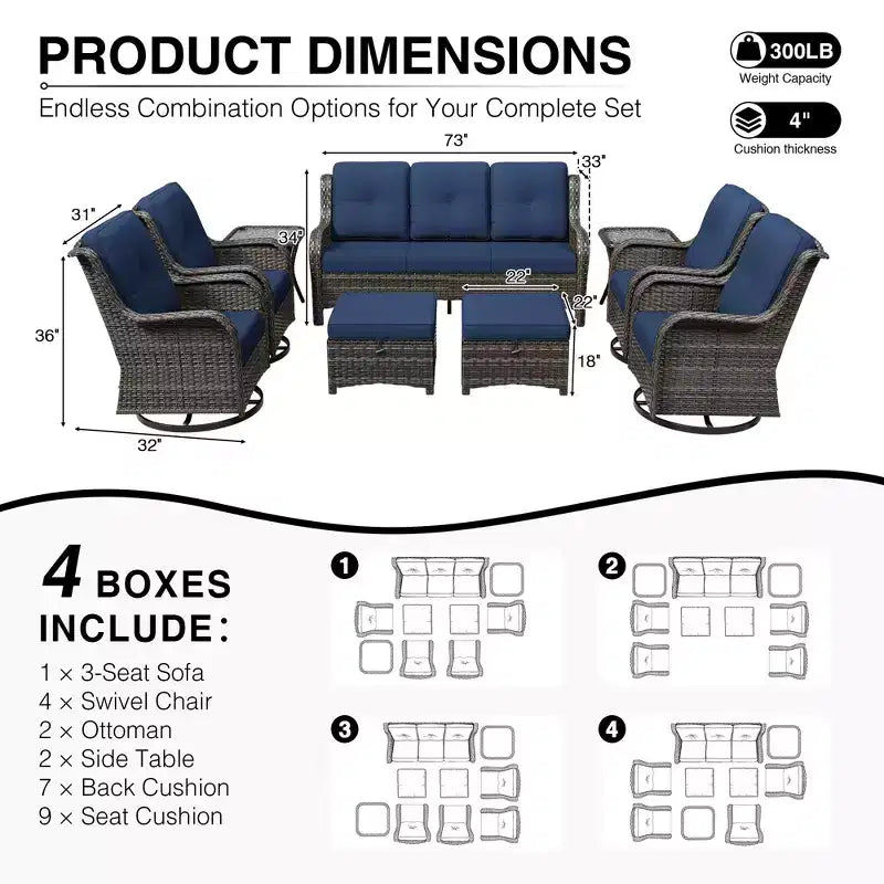 Ensemble de salon d'extérieur UPTIOT Premium : canapé 3 places, 4 fauteuils pivotants, 2 poufs et tables d'appoint