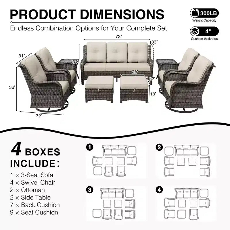 Ensemble de salon d'extérieur UPTIOT Premium : canapé 3 places, 4 fauteuils pivotants, 2 poufs et tables d'appoint