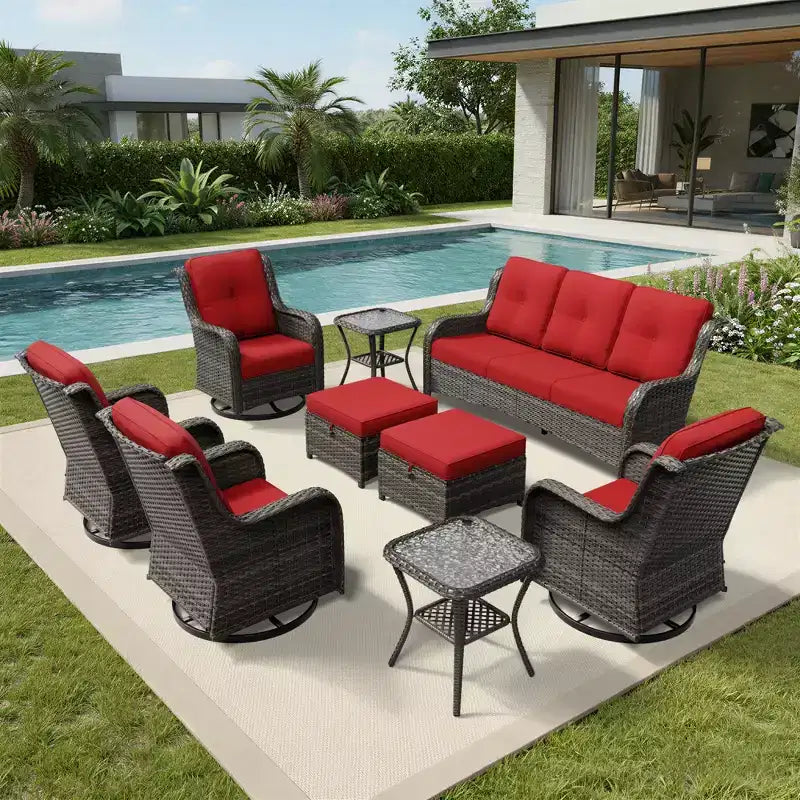 Ensemble de salon d'extérieur UPTIOT Premium : canapé 3 places, 4 fauteuils pivotants, 2 poufs et tables d'appoint