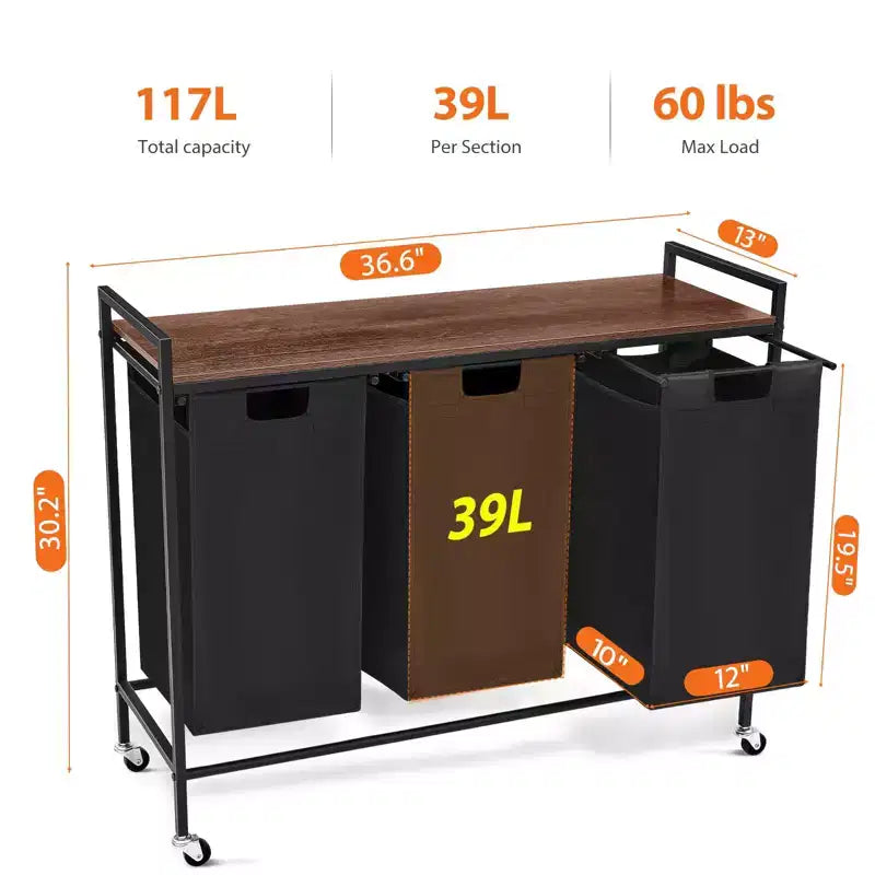 Laundry Sorter 3 Section, Rolling Laundry Hamper with Shelf, 3 Compartment Laundry Basket with Lid