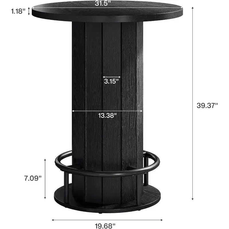 39.4" Round Bar Table, Wood Bistro Pub Table with Metal Ring Footrest for Dining, Coffee, Living Room, Small Space, Black