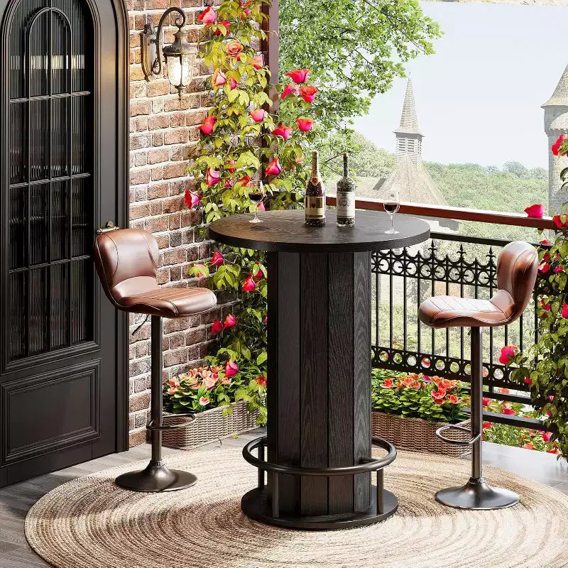 39.4" Round Bar Table, Wood Bistro Pub Table with Metal Ring Footrest for Dining, Coffee, Living Room, Small Space, Black