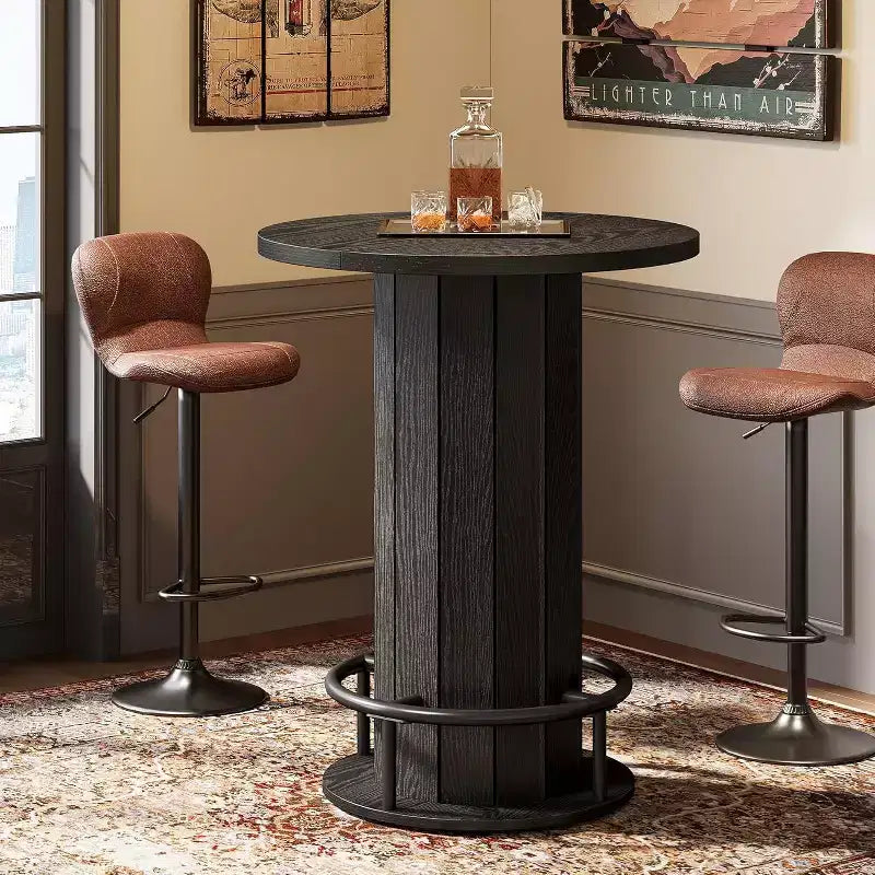 39.4" Round Bar Table, Wood Bistro Pub Table with Metal Ring Footrest for Dining, Coffee, Living Room, Small Space, Black