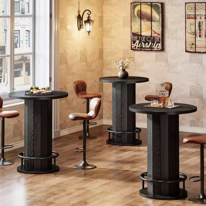 39.4" Round Bar Table, Wood Bistro Pub Table with Metal Ring Footrest for Dining, Coffee, Living Room, Small Space, Black