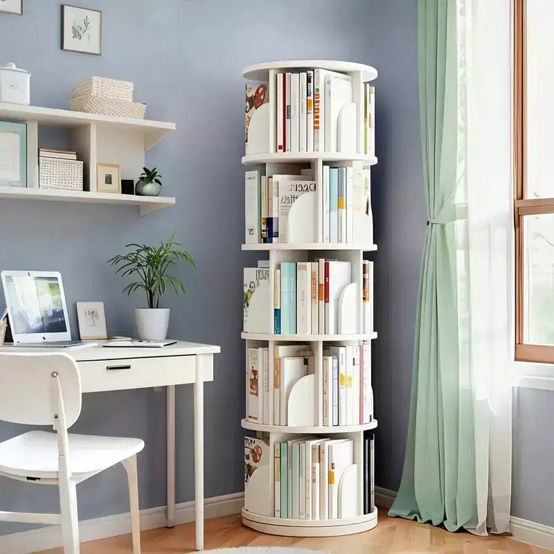 5-Tier 360° Rotating Bookshelf | Warm White | Space-Saving Book Tower