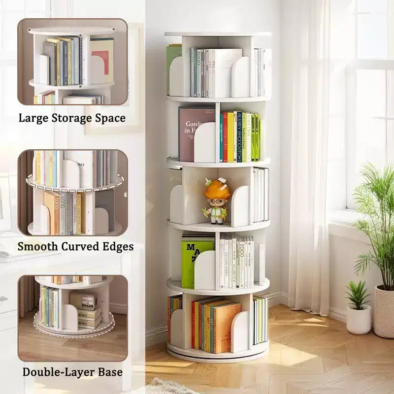 5-Tier 360° Rotating Bookshelf | Warm White | Space-Saving Book Tower