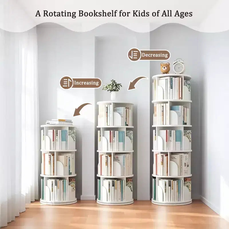 5-Tier 360° Rotating Bookshelf | Warm White | Space-Saving Book Tower