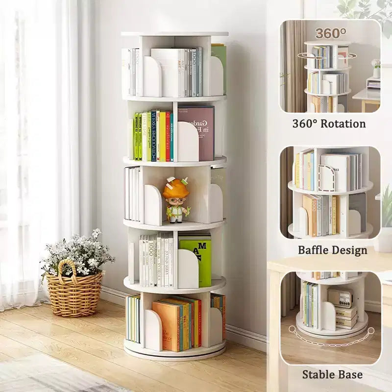 5-Tier 360° Rotating Bookshelf | Warm White | Space-Saving Book Tower