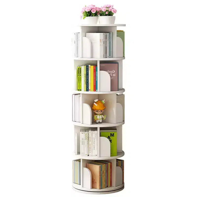 5-Tier 360° Rotating Bookshelf | Warm White | Space-Saving Book Tower