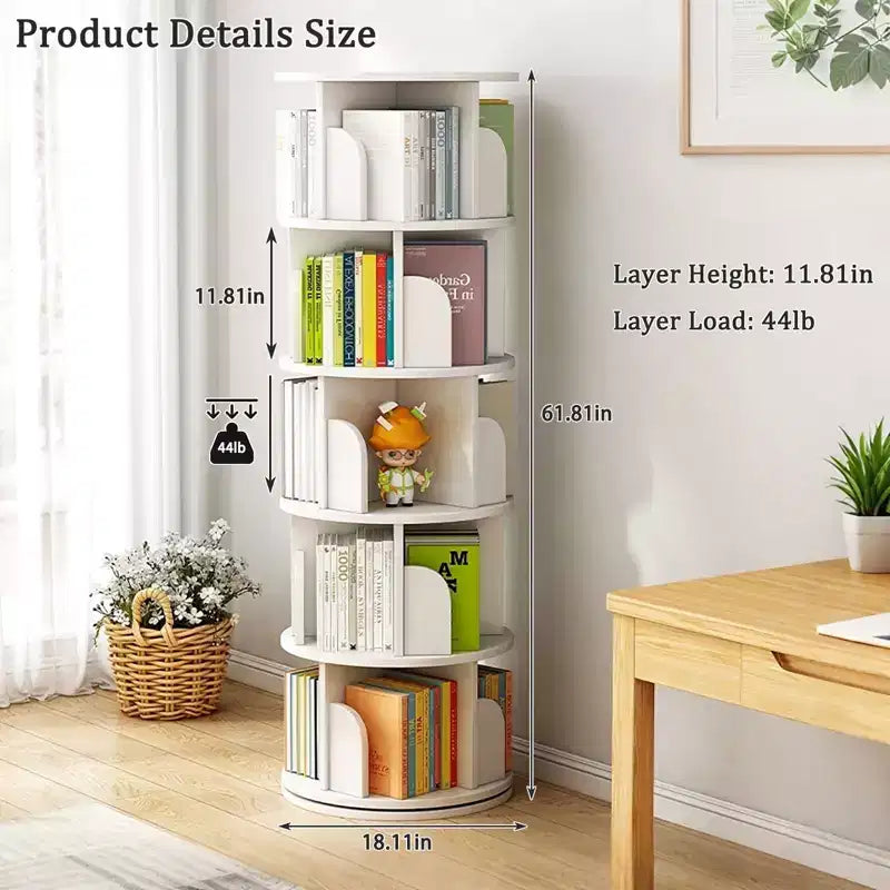 5-Tier 360° Rotating Bookshelf | Warm White | Space-Saving Book Tower