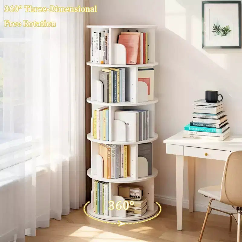 5-Tier 360° Rotating Bookshelf | Warm White | Space-Saving Book Tower