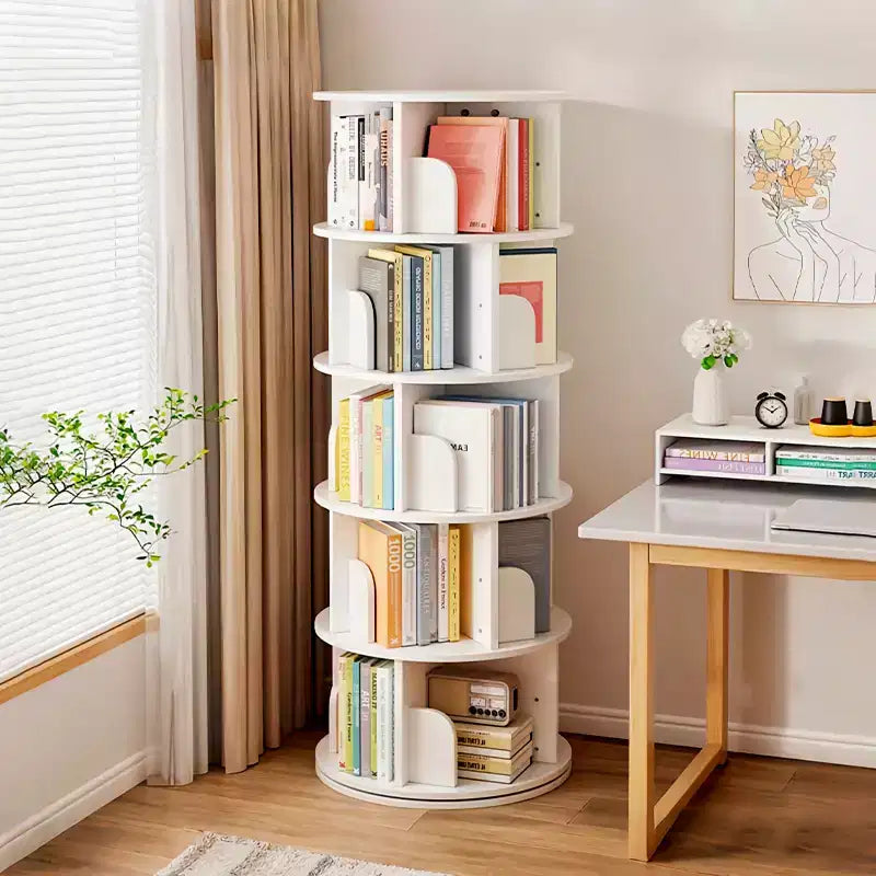 5-Tier 360° Rotating Bookshelf | Warm White | Space-Saving Book Tower