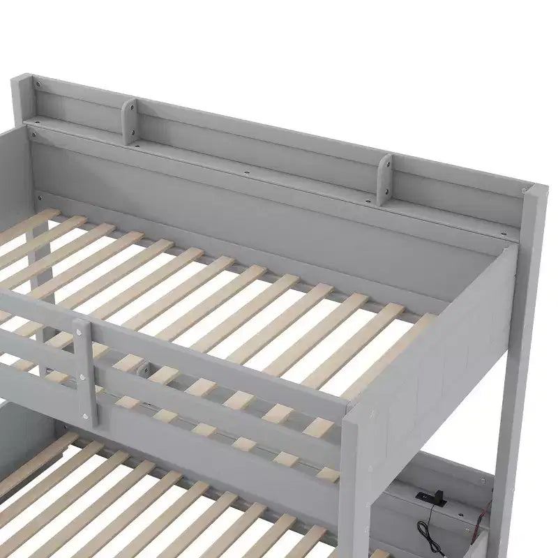 Twin over Full Bunk Bed with Storage Shelves, LED, Charging Station and a Drawer