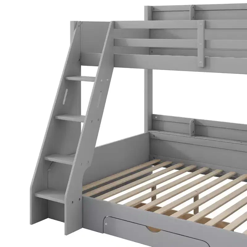 Twin over Full Bunk Bed with Storage Shelves, LED, Charging Station and a Drawer