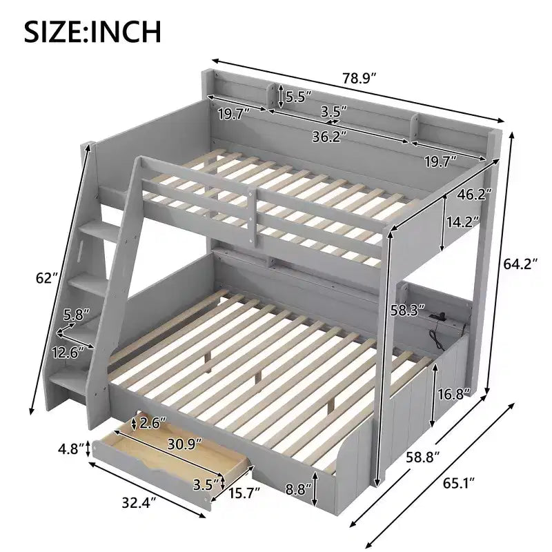 Twin over Full Bunk Bed with Storage Shelves, LED, Charging Station and a Drawer