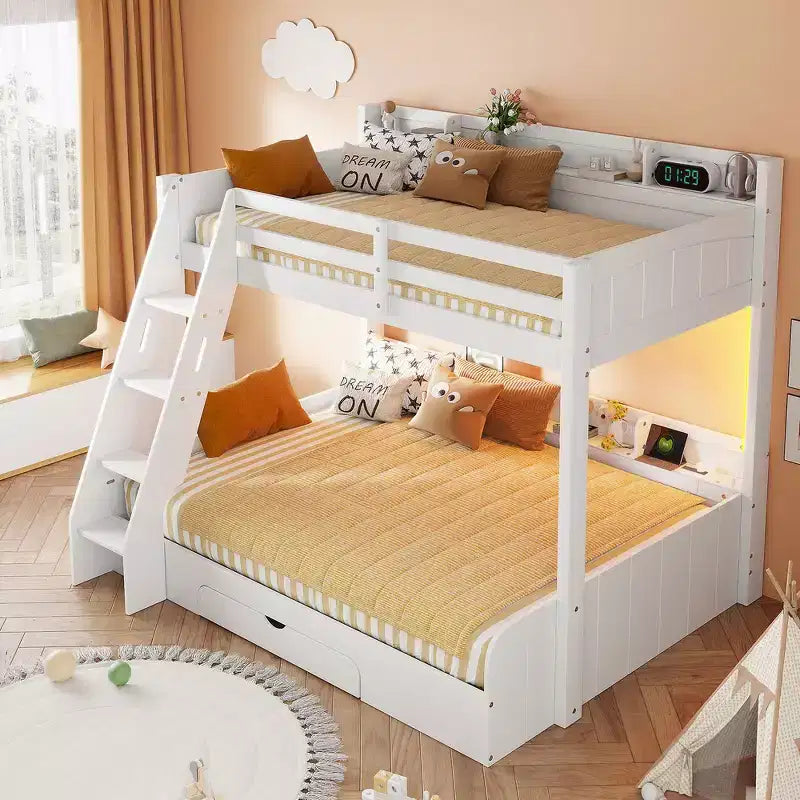Twin over Full Bunk Bed with Storage Shelves, LED, Charging Station and a Drawer