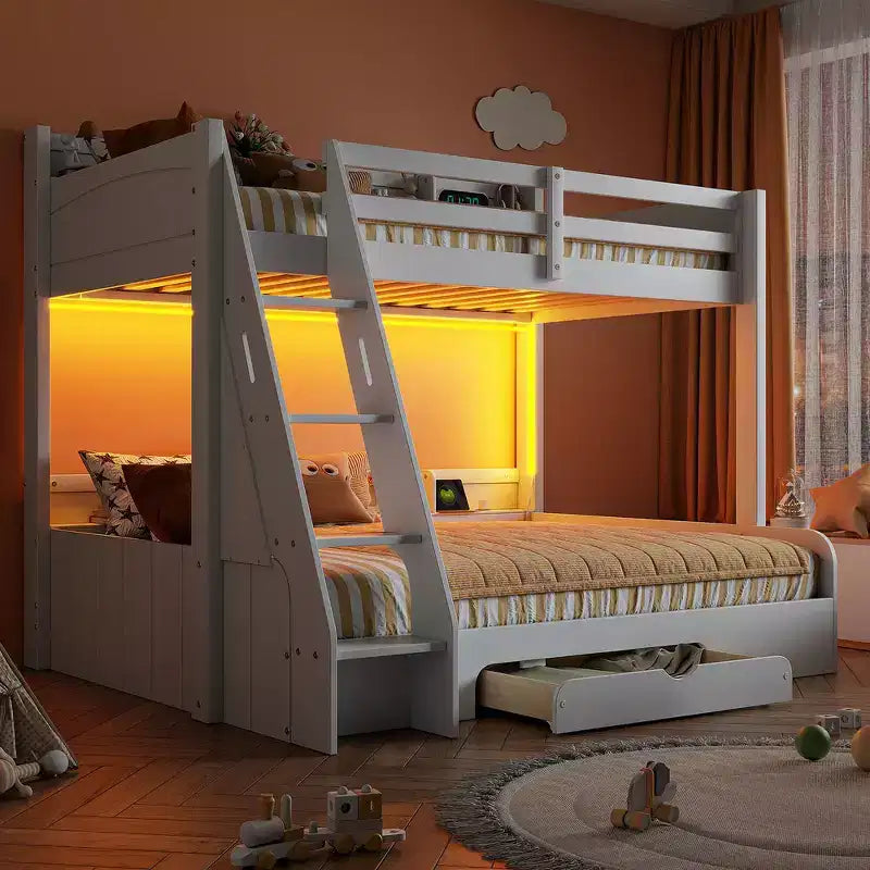 Twin over Full Bunk Bed with Storage Shelves, LED, Charging Station and a Drawer