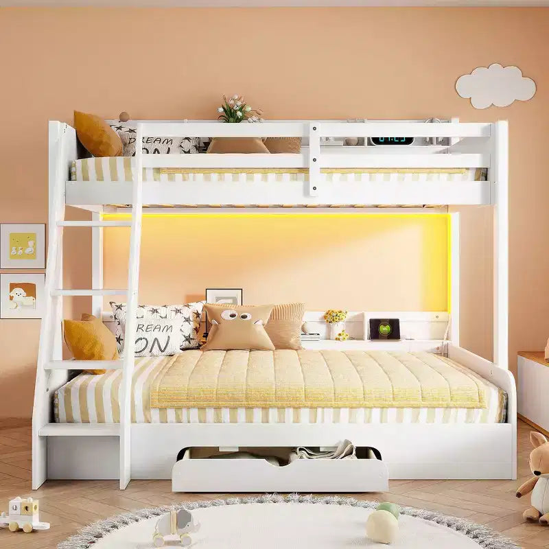 Twin over Full Bunk Bed with Storage Shelves, LED, Charging Station and a Drawer