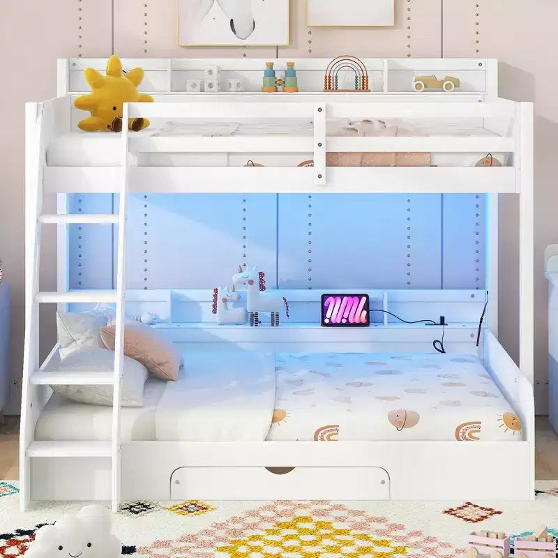 Twin over Full Bunk Bed with Storage Shelves, LED, Charging Station and a Drawer