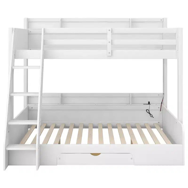 Twin over Full Bunk Bed with Storage Shelves, LED, Charging Station and a Drawer