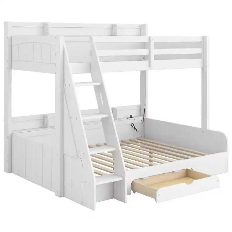 Twin over Full Bunk Bed with Storage Shelves, LED, Charging Station and a Drawer