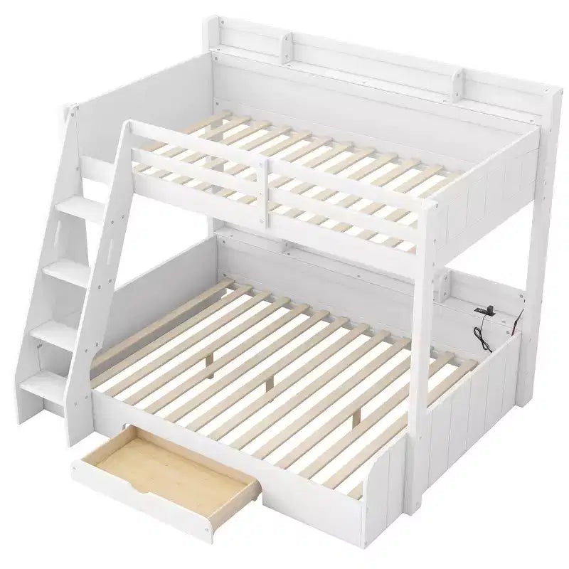 Twin over Full Bunk Bed with Storage Shelves, LED, Charging Station and a Drawer