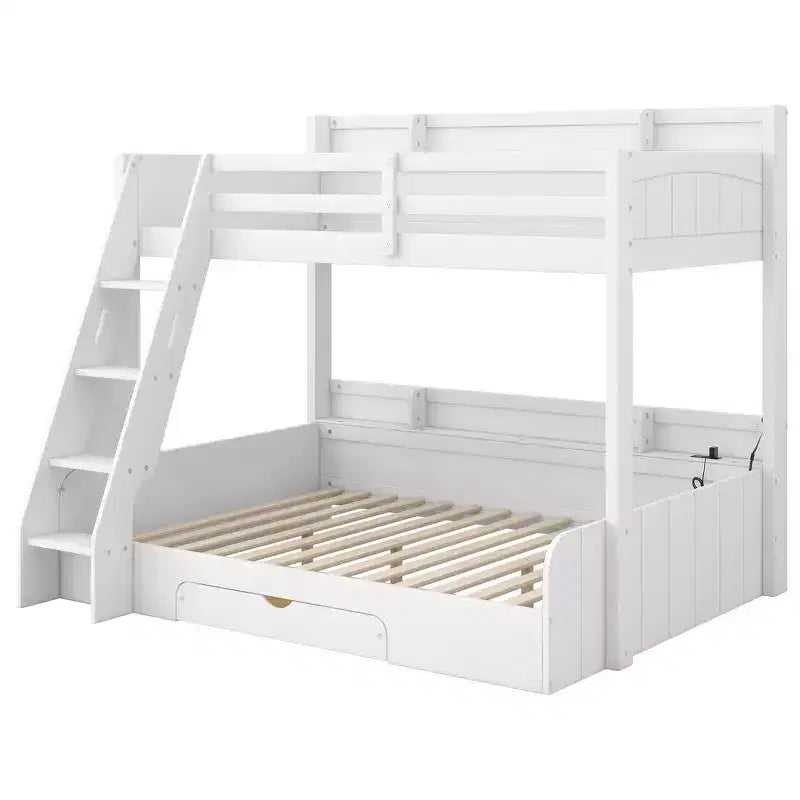 Twin over Full Bunk Bed with Storage Shelves, LED, Charging Station and a Drawer