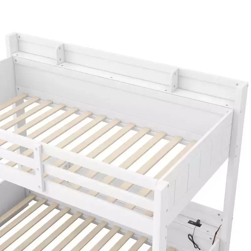 Twin over Full Bunk Bed with Storage Shelves, LED, Charging Station and a Drawer