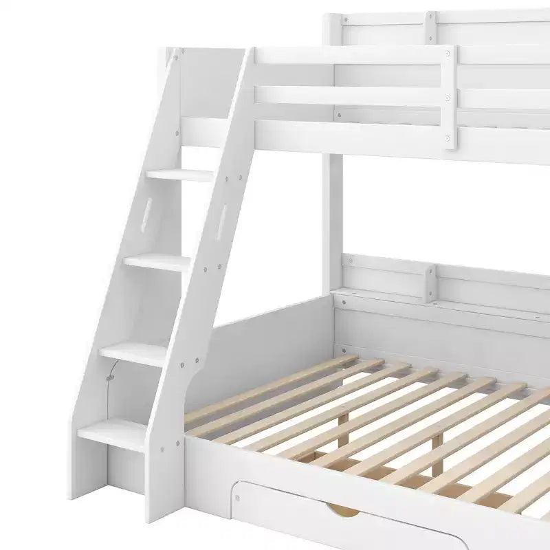 Twin over Full Bunk Bed with Storage Shelves, LED, Charging Station and a Drawer
