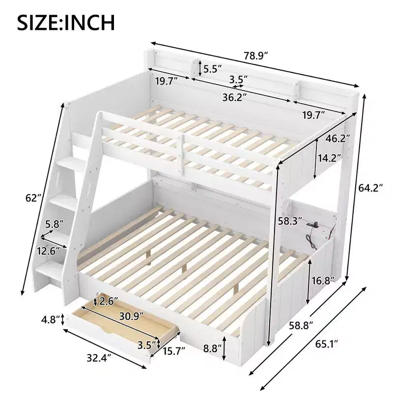 Twin over Full Bunk Bed with Storage Shelves, LED, Charging Station and a Drawer