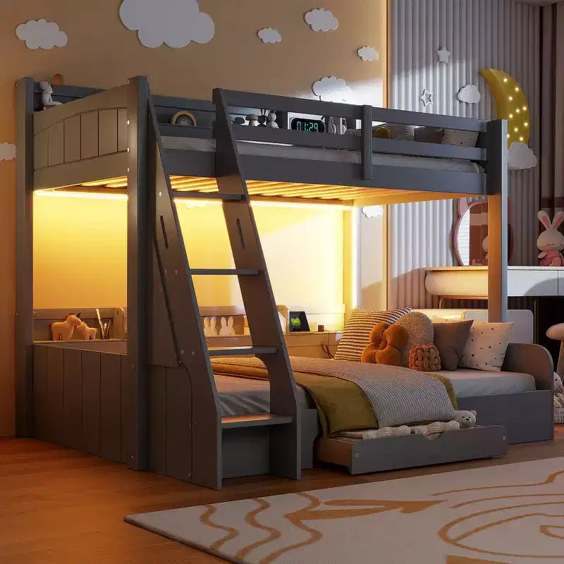 Twin over Full Bunk Bed with Storage Shelves, LED, Charging Station and a Drawer