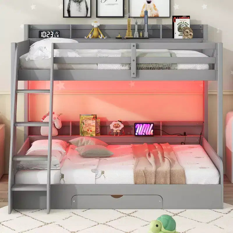 Twin over Full Bunk Bed with Storage Shelves, LED, Charging Station and a Drawer