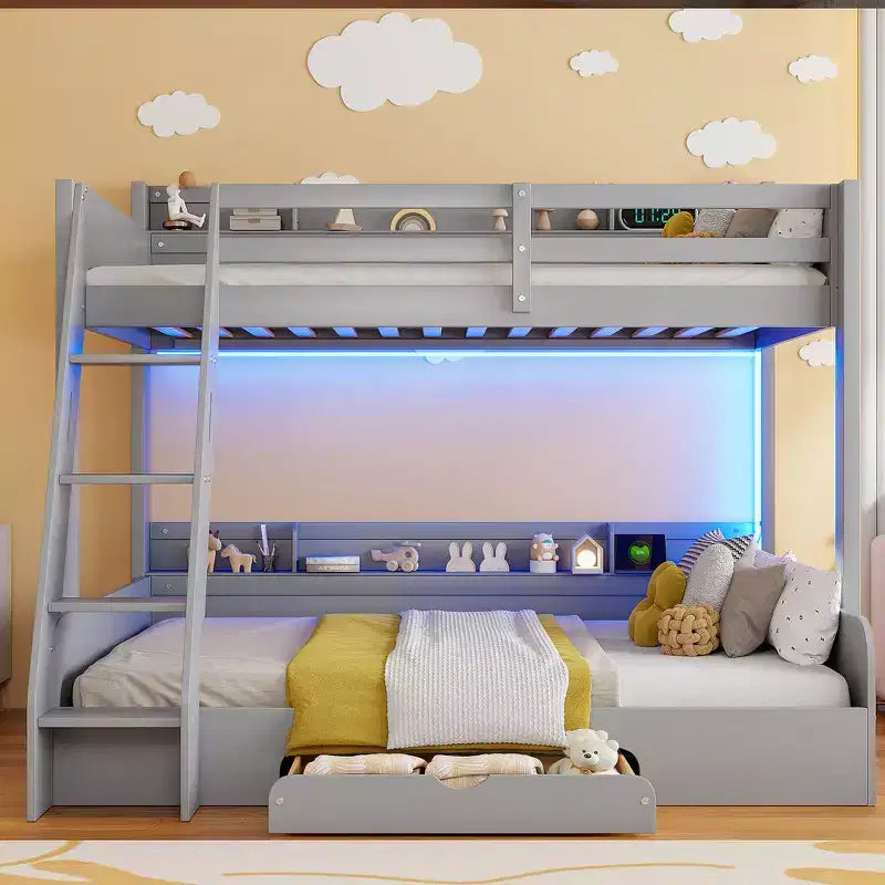 Twin over Full Bunk Bed with Storage Shelves, LED, Charging Station and a Drawer