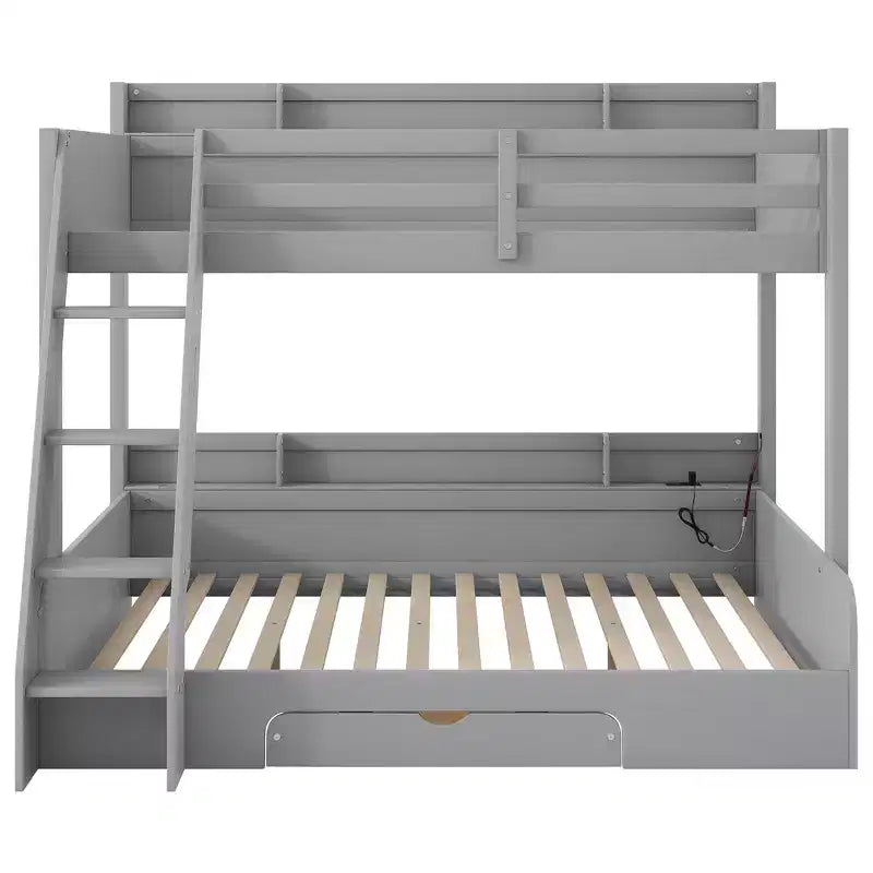Twin over Full Bunk Bed with Storage Shelves, LED, Charging Station and a Drawer