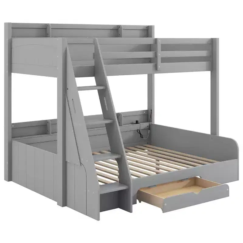 Twin over Full Bunk Bed with Storage Shelves, LED, Charging Station and a Drawer