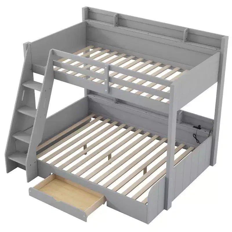 Twin over Full Bunk Bed with Storage Shelves, LED, Charging Station and a Drawer
