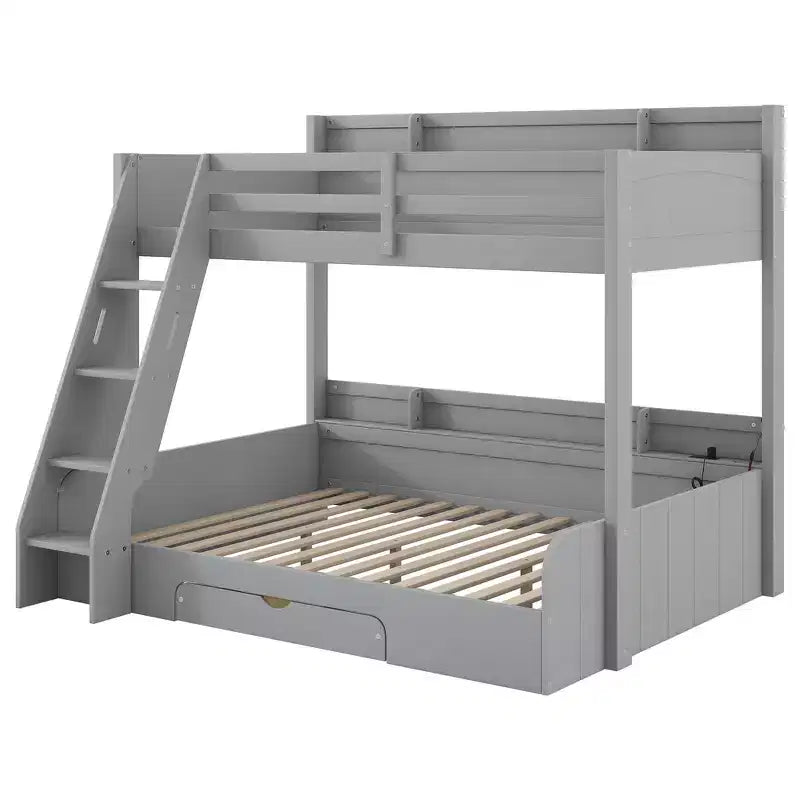 Twin over Full Bunk Bed with Storage Shelves, LED, Charging Station and a Drawer