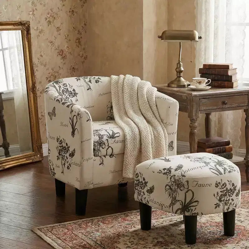 Fauteuil de salon cylindrique GDFStudio Everett avec pouf, en tissu à motif rétro
