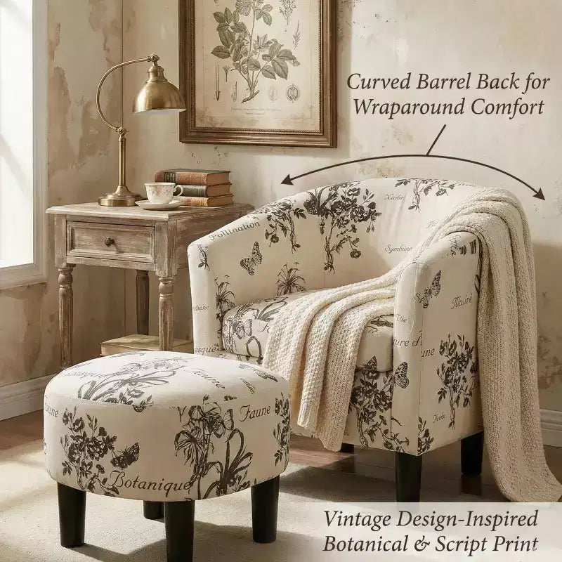 Fauteuil de salon cylindrique GDFStudio Everett avec pouf, en tissu à motif rétro