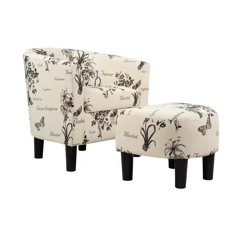 Fauteuil de salon cylindrique GDFStudio Everett avec pouf, en tissu à motif rétro