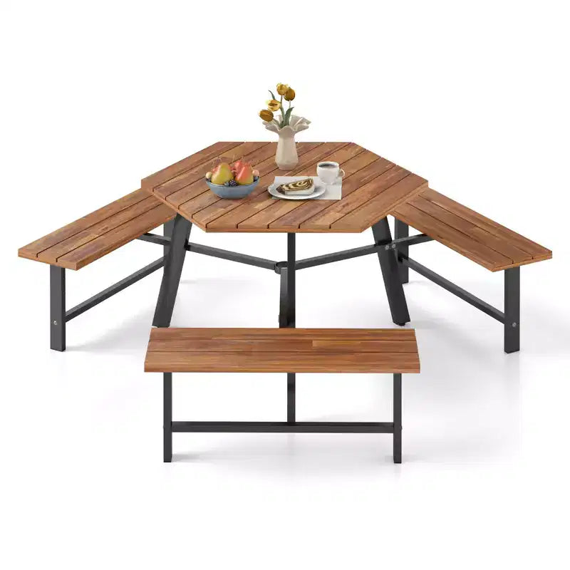 Costway 6 Person Acacia Wood Picnic Table Bench Set w/3 Seats Umbrella Hole Metal Frame