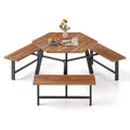 Costway 6 Person Acacia Wood Picnic Table Bench Set w/3 Seats Umbrella Hole Metal Frame