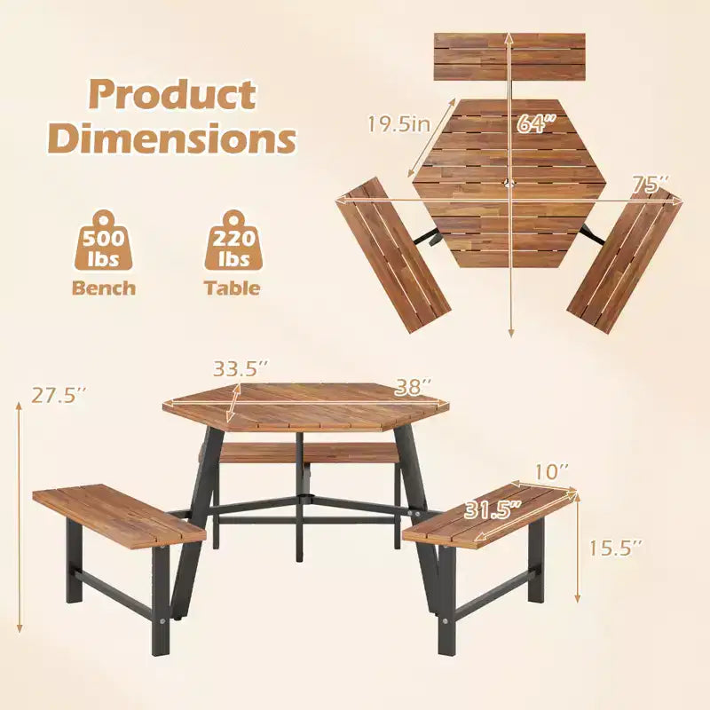Table et bancs de pique-nique Costway 6 personnes en bois d'acacia avec 3 sièges, trou pour parasol et cadre en métal