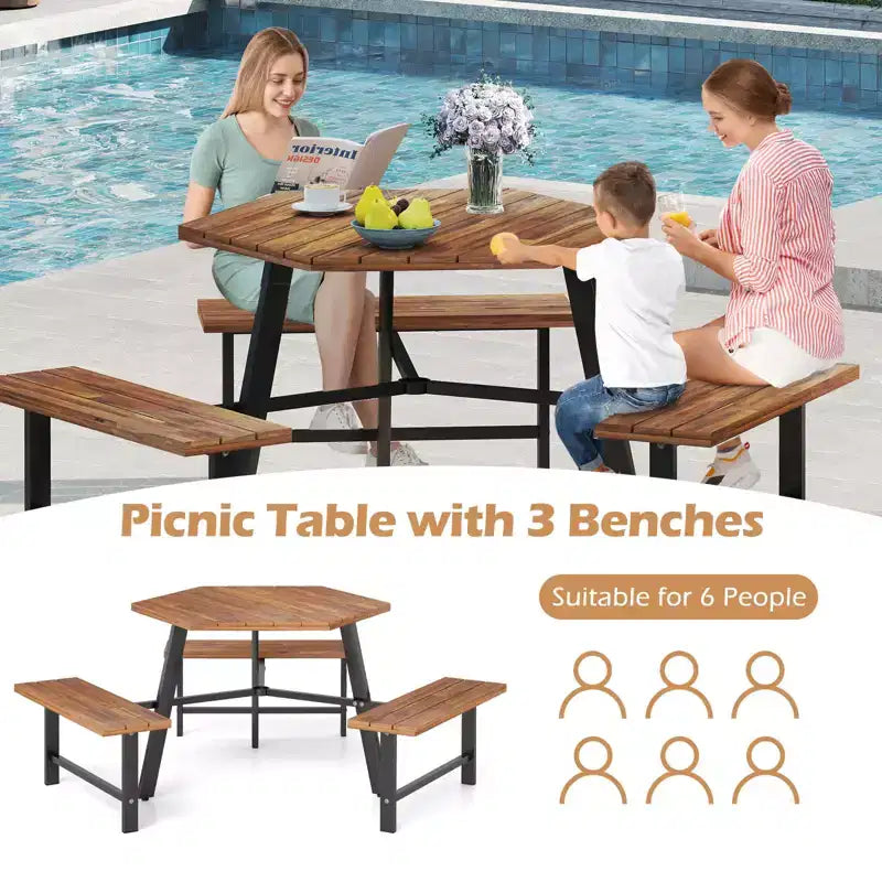Table et bancs de pique-nique Costway 6 personnes en bois d'acacia avec 3 sièges, trou pour parasol et cadre en métal