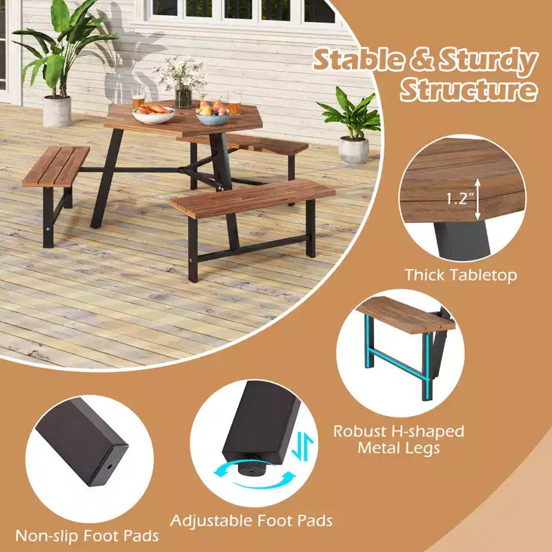 Table et bancs de pique-nique Costway 6 personnes en bois d'acacia avec 3 sièges, trou pour parasol et cadre en métal