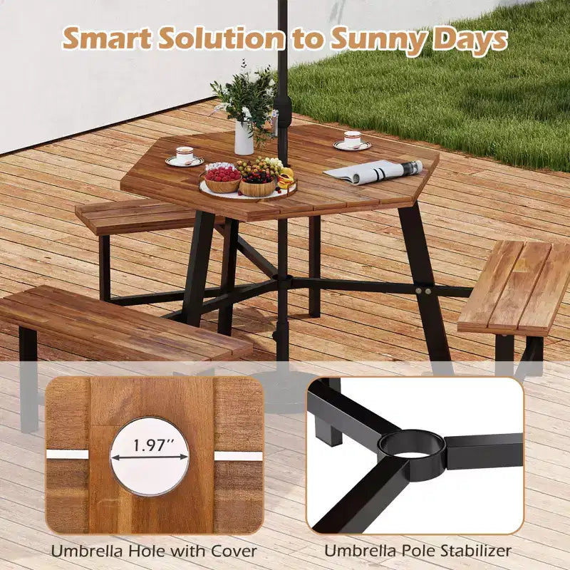 Table et bancs de pique-nique Costway 6 personnes en bois d'acacia avec 3 sièges, trou pour parasol et cadre en métal