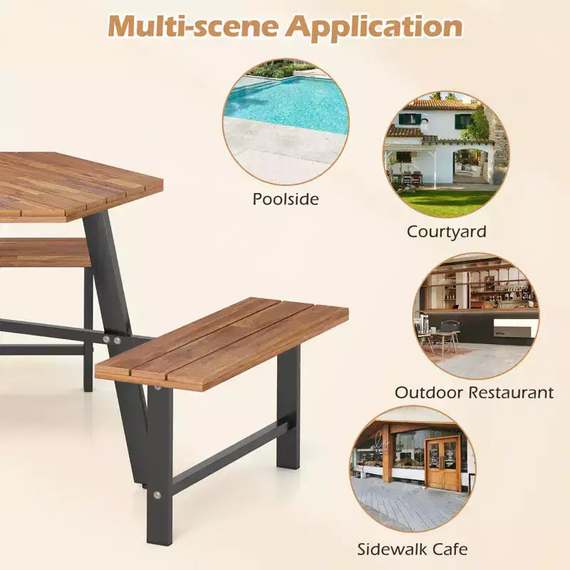 Table et bancs de pique-nique Costway 6 personnes en bois d'acacia avec 3 sièges, trou pour parasol et cadre en métal